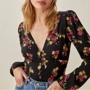 REFORMATION Nell Top Floral Bodice Button Up Blouse puffed sleeves XS